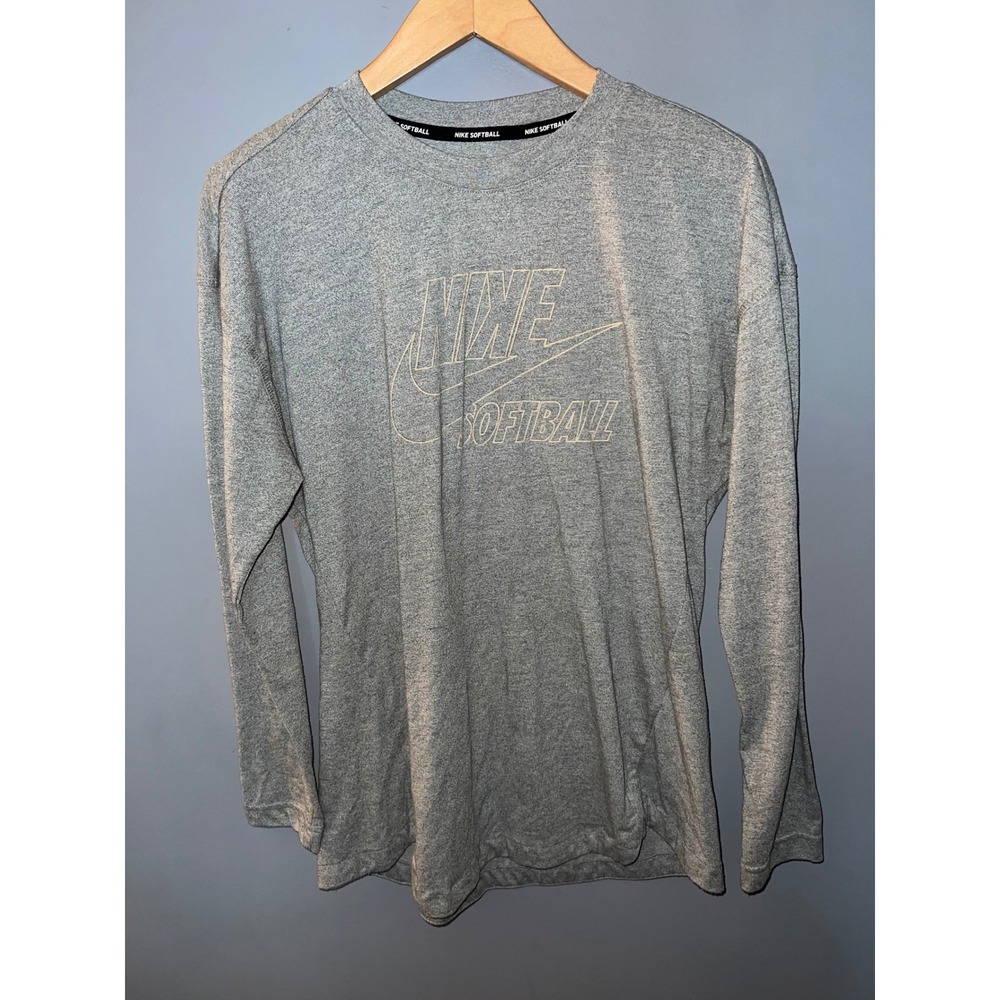 Nike Softball Dri-FIT Long Sleeve Shirt Heather Grey Women Large Logo T-Shirt